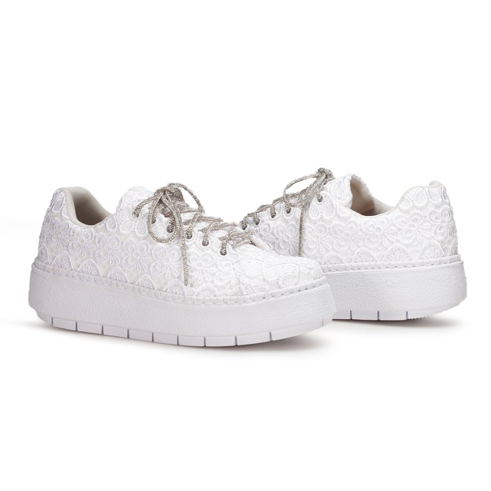 Tenis Moda Casual Flat com Renda Sola Leve Para Noivas Estilo Elegante Confortável Cadarço Brilhante Branco 2