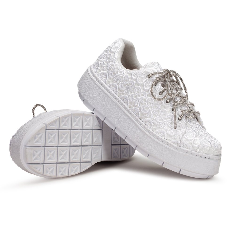 Tenis Moda Casual Flat com Renda Sola Leve Para Noivas Estilo Elegante Confortável Cadarço Brilhante Branco 5