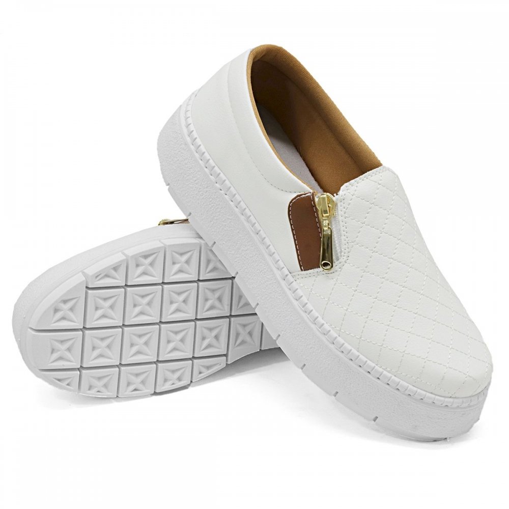 Tenis Slip On Calce Facil Feminino Couro Sola Antiderrapante Leve Macia Praticidade Estilo Dia Dia Branco 1