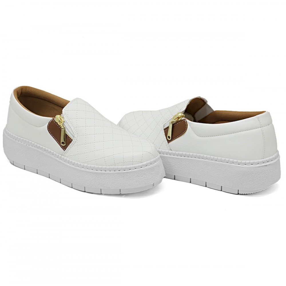 Tenis Slip On Calce Facil Feminino Couro Sola Antiderrapante Leve Macia Praticidade Estilo Dia Dia Branco 2