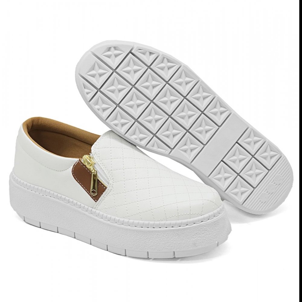 Tenis Slip On Calce Facil Feminino Couro Sola Antiderrapante Leve Macia Praticidade Estilo Dia Dia Branco 3