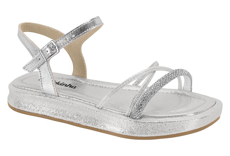 Sandalia Molekinha infantil tira strass brilho prata