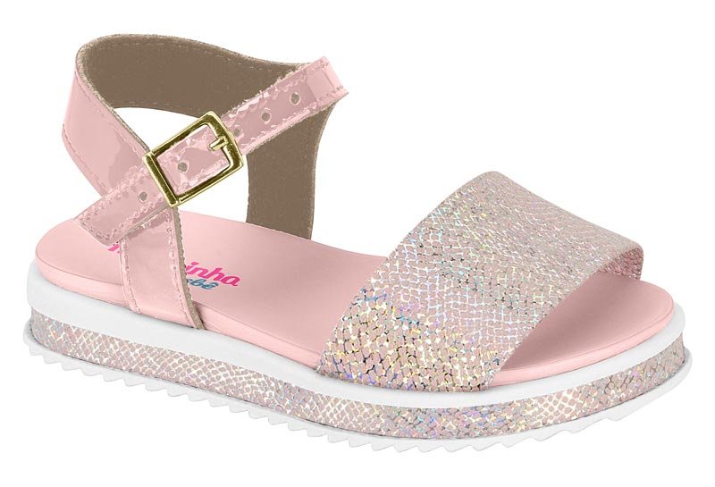 Sandália Molekinha Camurça Brilho Holográfico Rosa