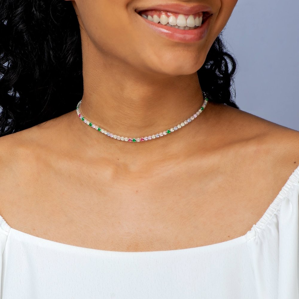 CHOKER PRATA LEVE RIVIERA ZIRCÔNIA REDONDA COLORIDA Prata 2