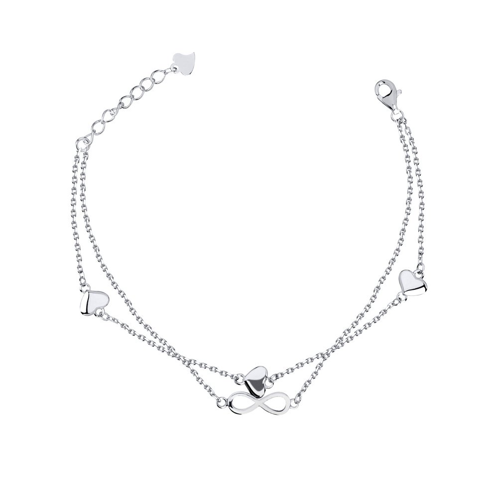 Pulseira Prata Rodinada Dupla Infinito Com Corações De Zirconias
