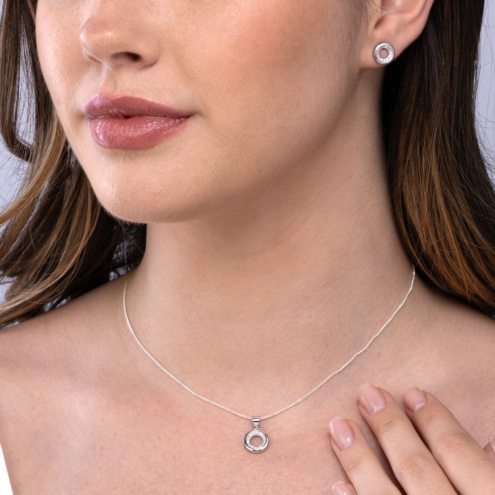 Conjunto Prata Rodinado Redondo Cravejado Com Zircônias Em Volta Prata 2