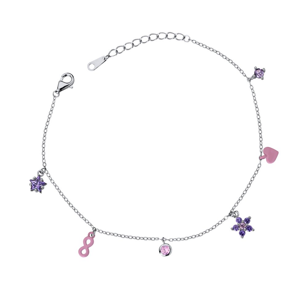 Pulseira Prata Rodinada Pingentes Variados Coloridos