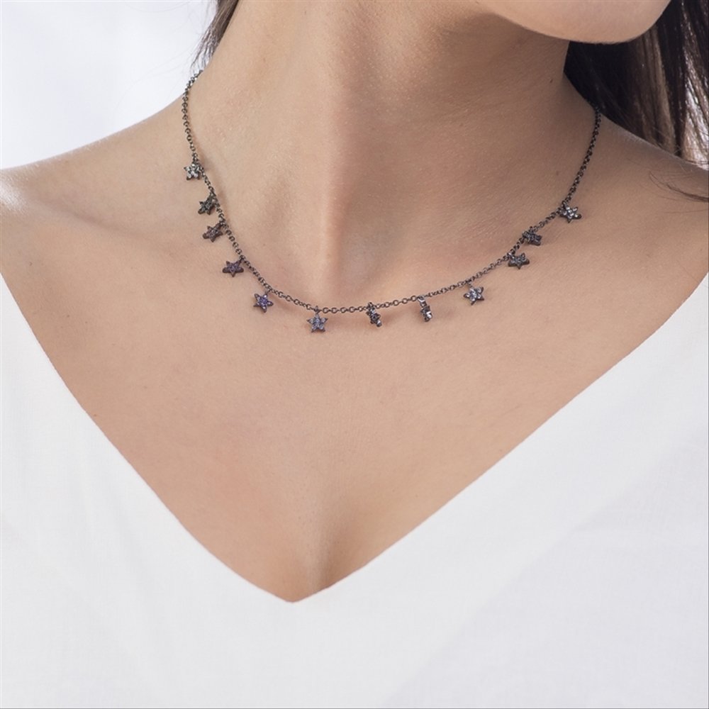 Gargantilha Banho De Ródio Negro Estrelas Preto 3