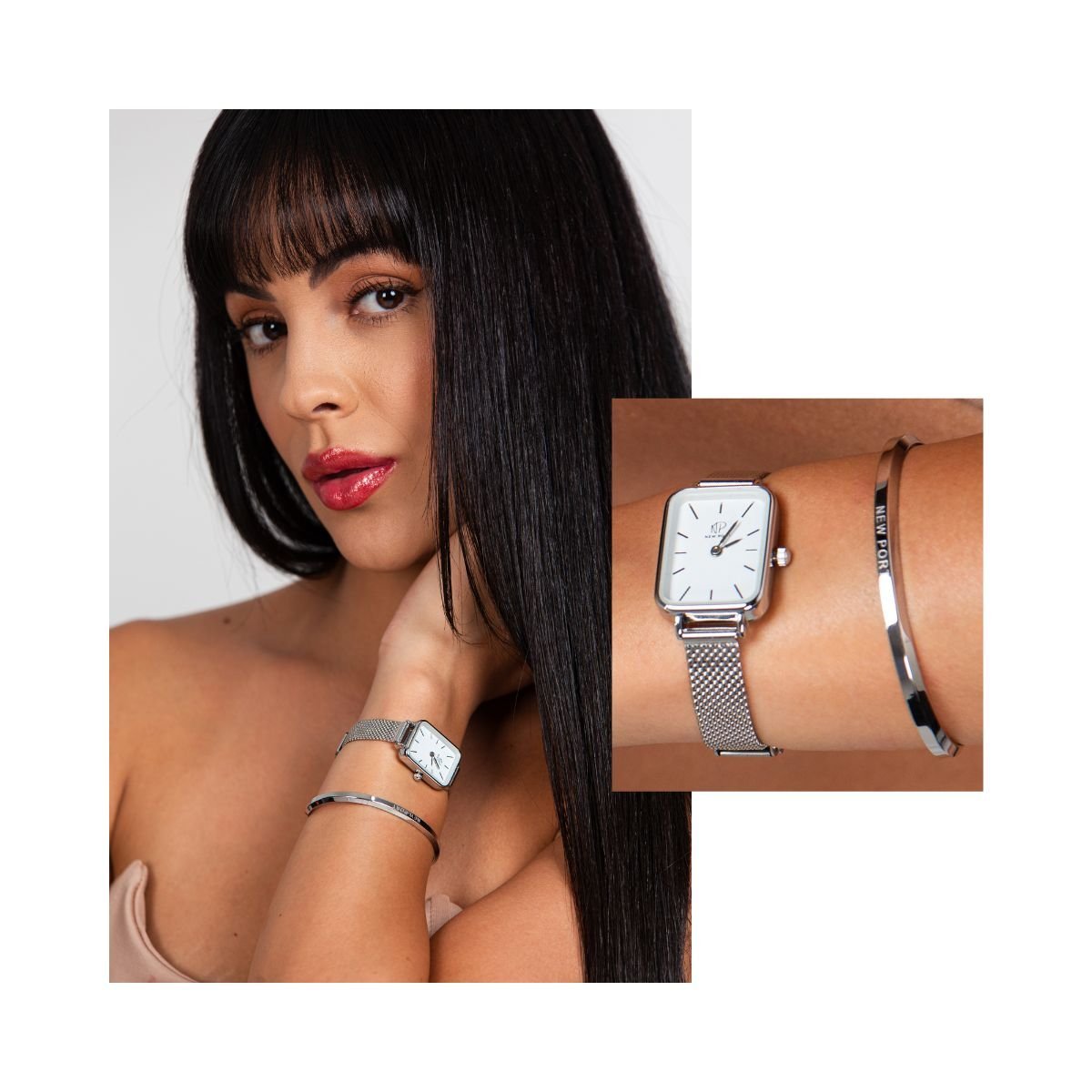 Relogio Quadrado Feminino Elegante Prata + Bracelete New Port Prata Prata 2