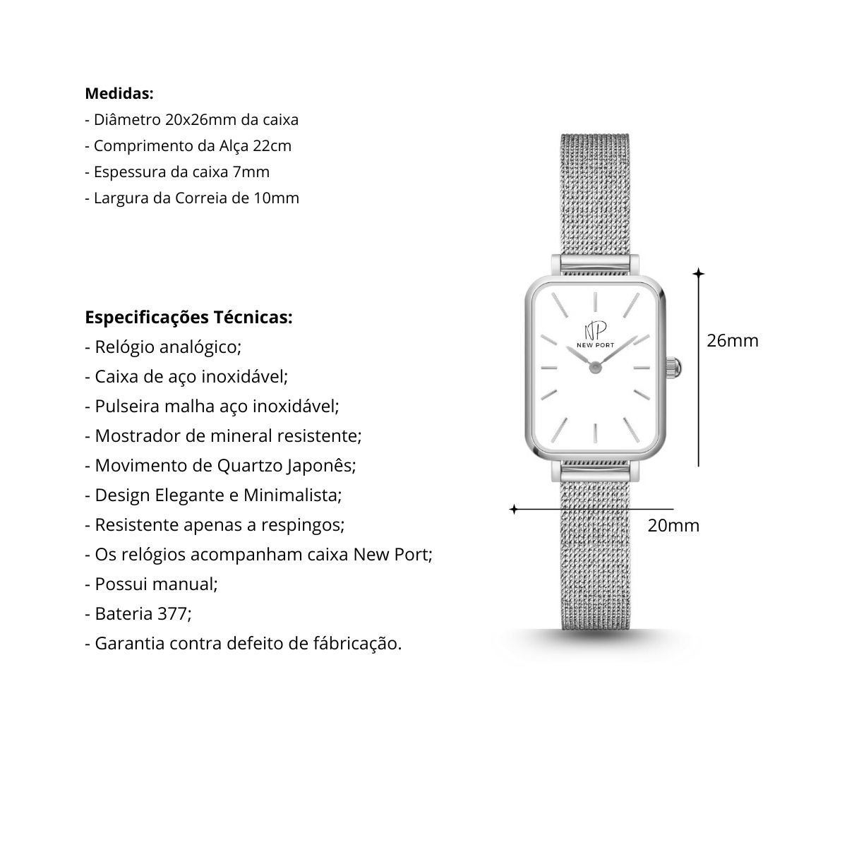 Relogio Quadrado Feminino Elegante Prata + Bracelete New Port Prata Prata 3