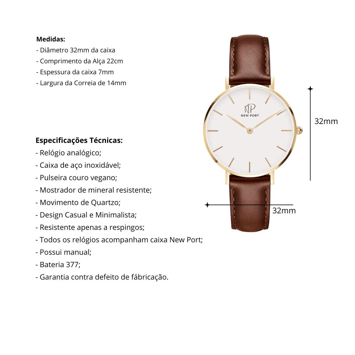 Relogio Feminino Analogico Pulseira Marrom Minimalista New Port 32mm Dourado 3