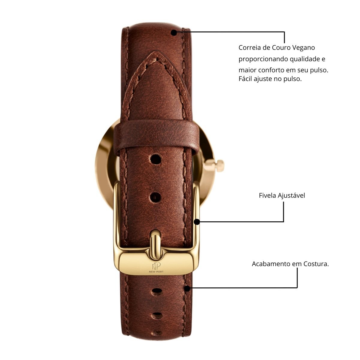 Relogio Feminino Analogico Pulseira Marrom Minimalista New Port 32mm Dourado 5
