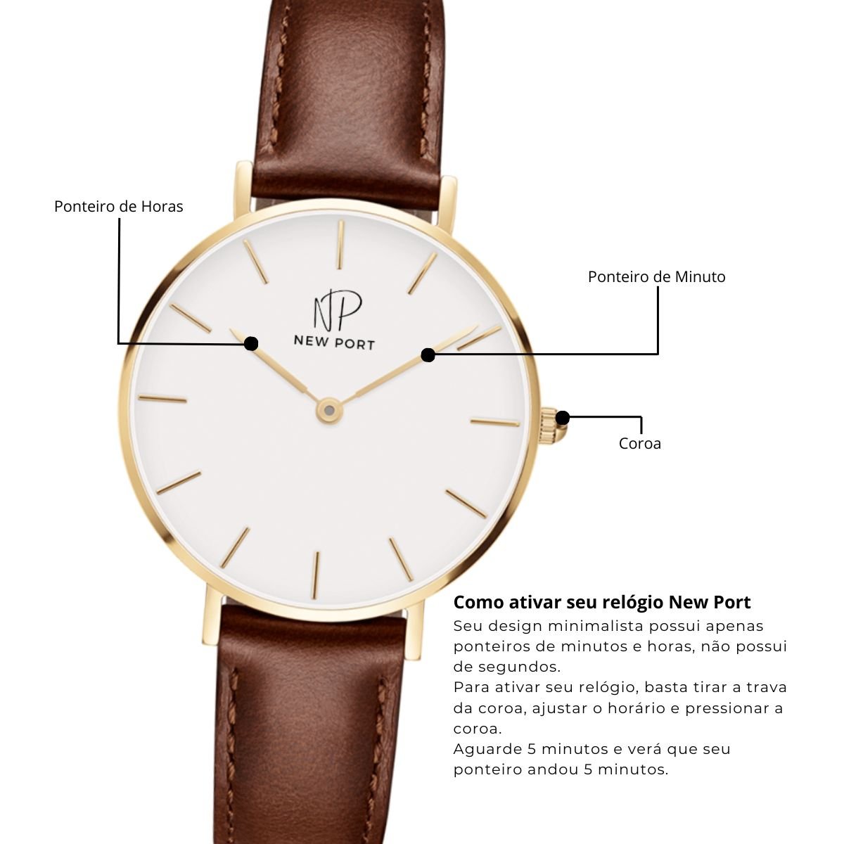 Relogio Feminino Analogico Pulseira Marrom Minimalista New Port 32mm Dourado 6