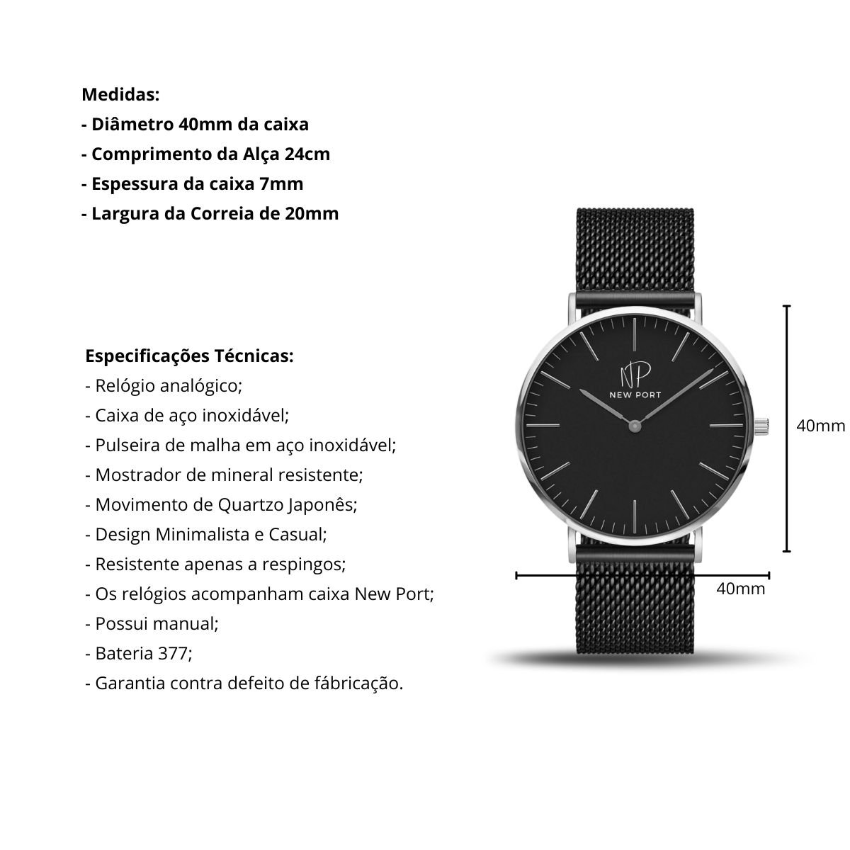Relogio de Pulso Masculino Analogico Pulseira Preto 40mm Preto 3