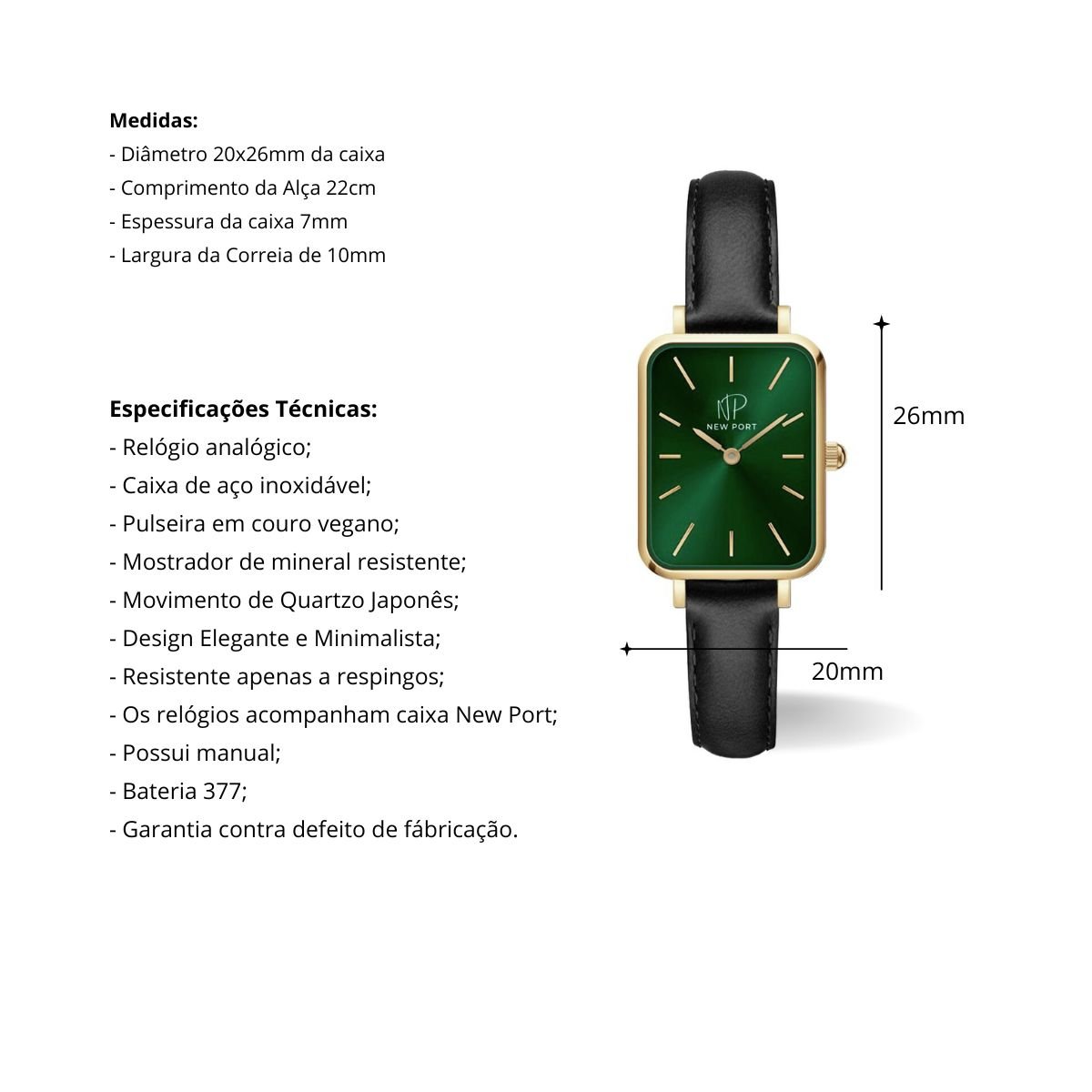 Relogio Feminino New Port Quadrado Com Pulseira Em Couro Fundo Verde Elegante Preto 3