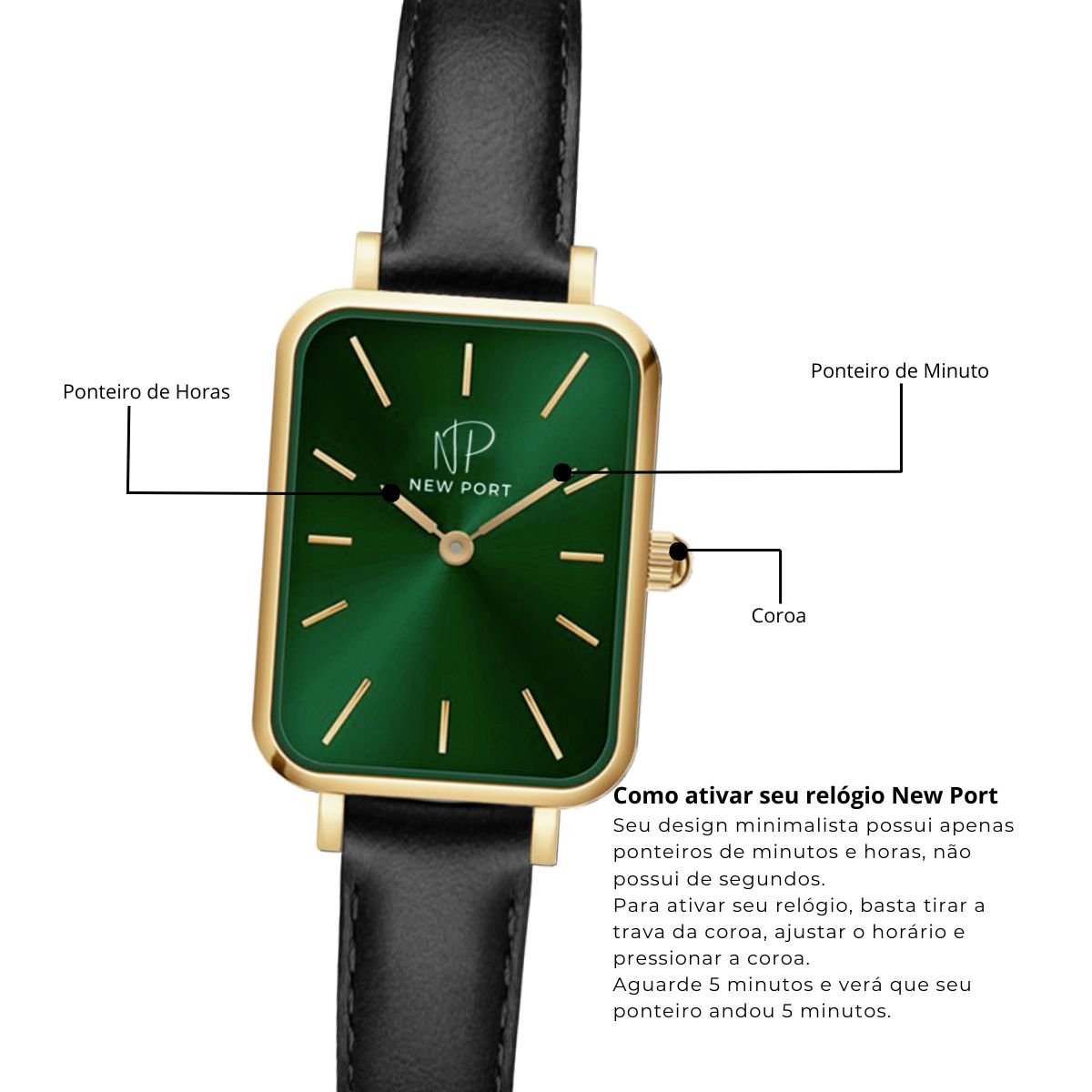 Relogio Feminino New Port Quadrado Com Pulseira Em Couro Fundo Verde Elegante Preto 6