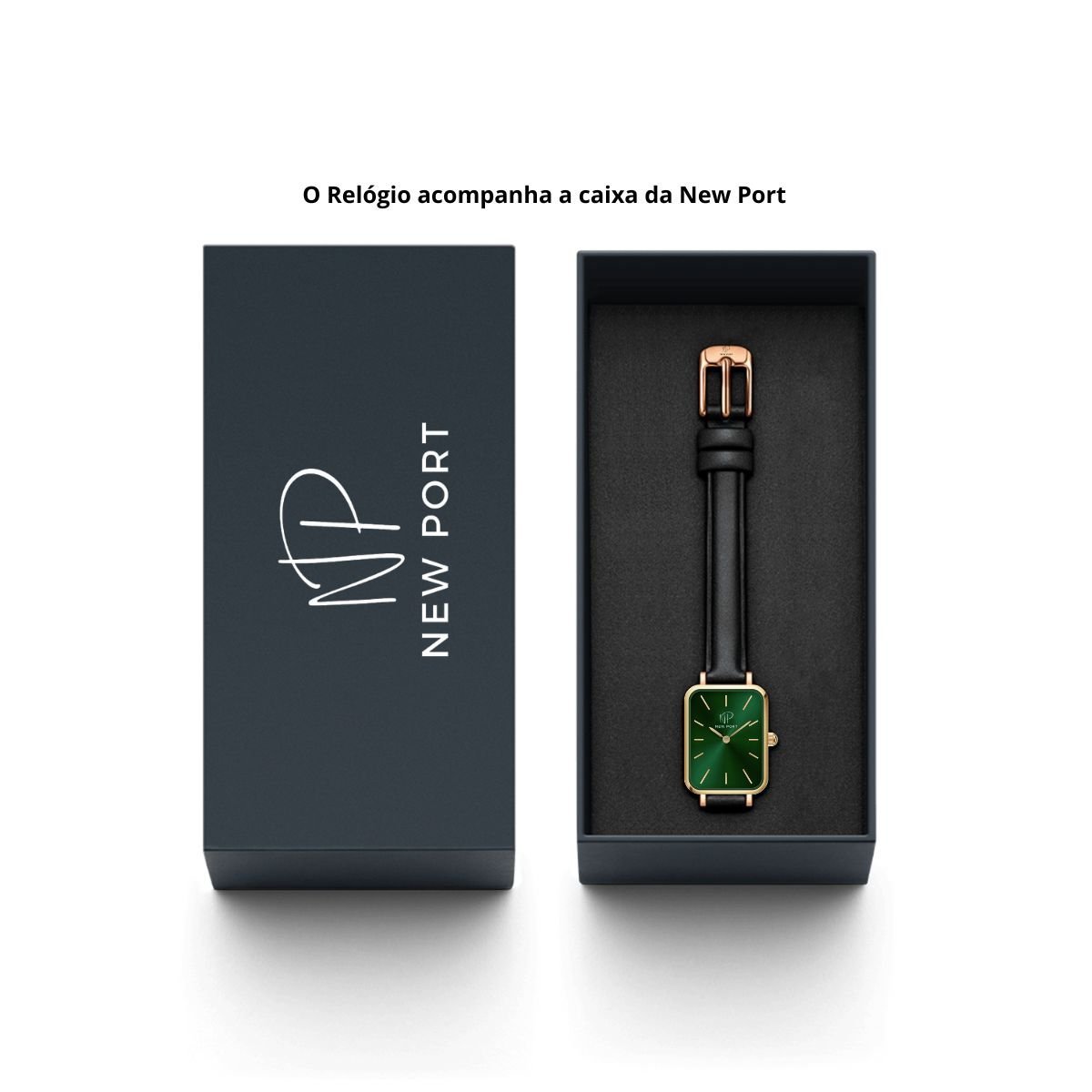 Relogio Feminino New Port Quadrado Com Pulseira Em Couro Fundo Verde Elegante Preto 7