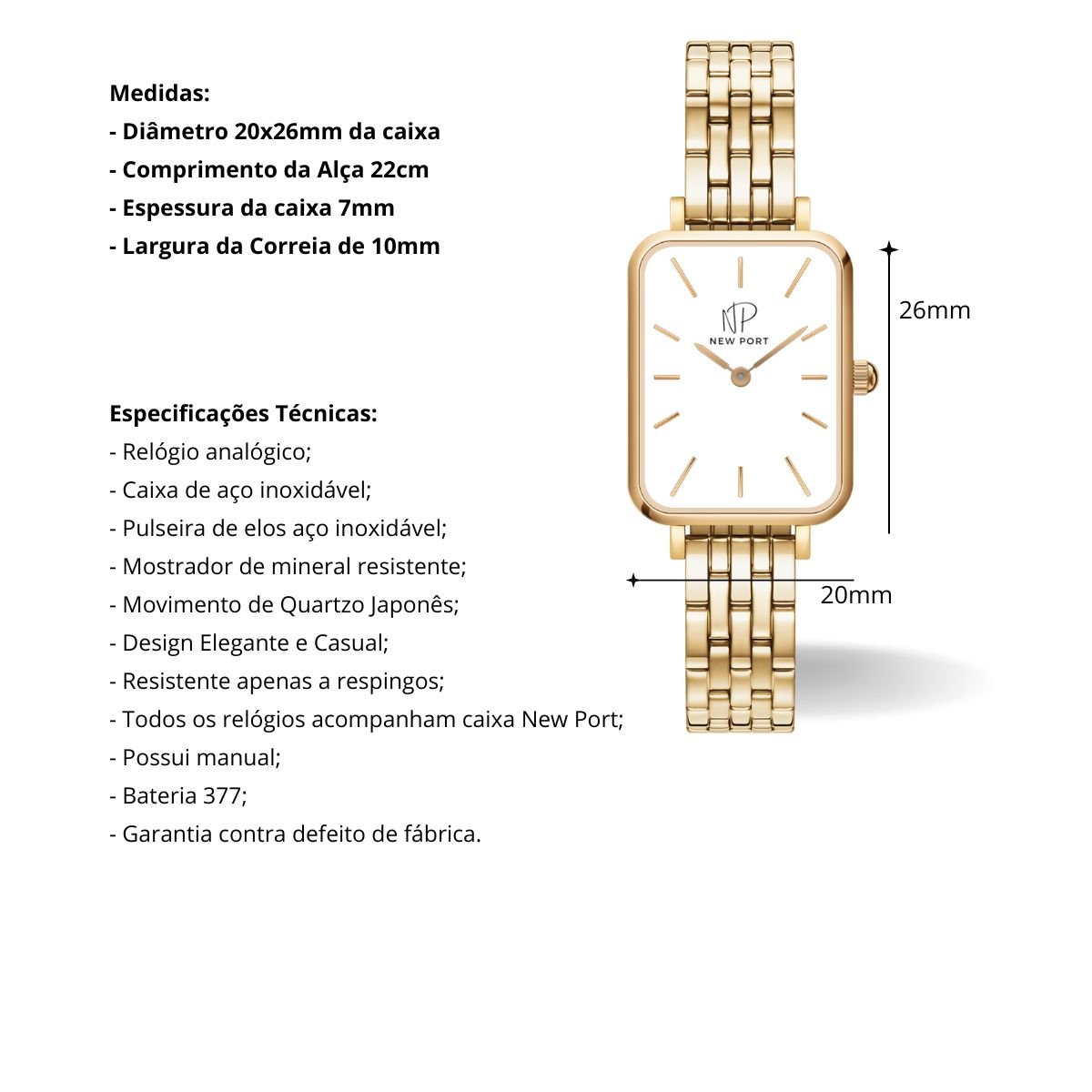 Relogio Feminino Quadrado Dourado Casual Delicado New Port Dourado 3