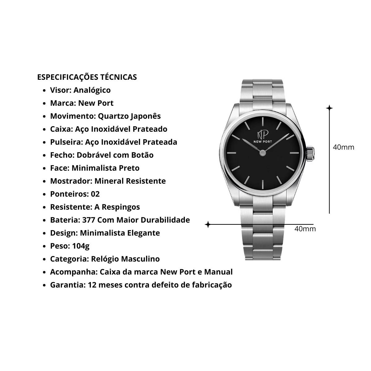 Relogio Masculino Casual Elegante Classico Analogico New Port Prata 3