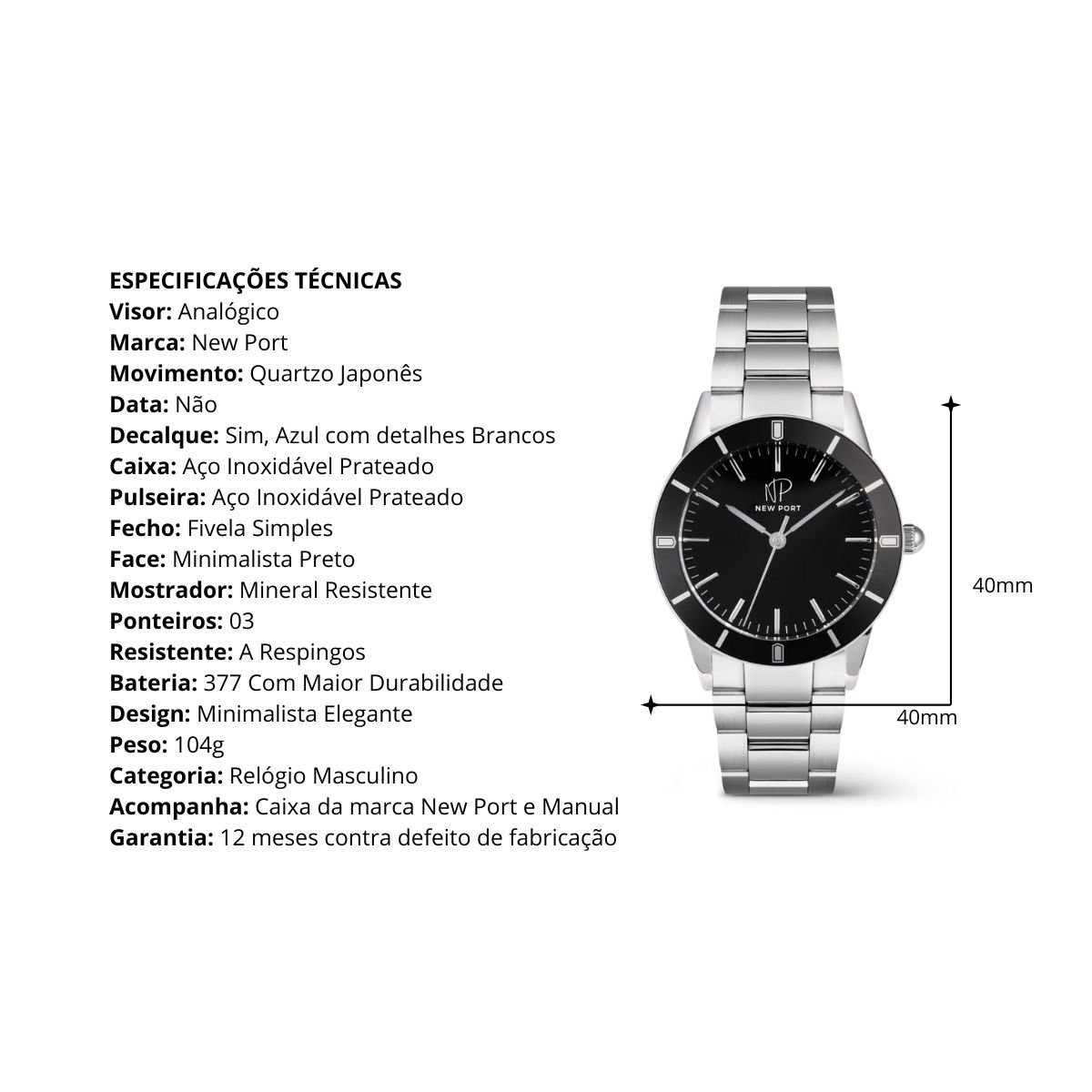 Relogio Masculino Preto Elegante Casual Analogico New Port Preto 3