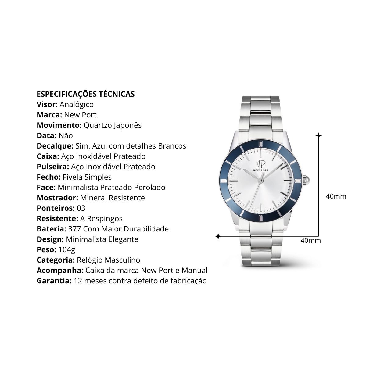 Relogio Masculino Azul Casual Classico Elegante Robusto New Port Azul 5