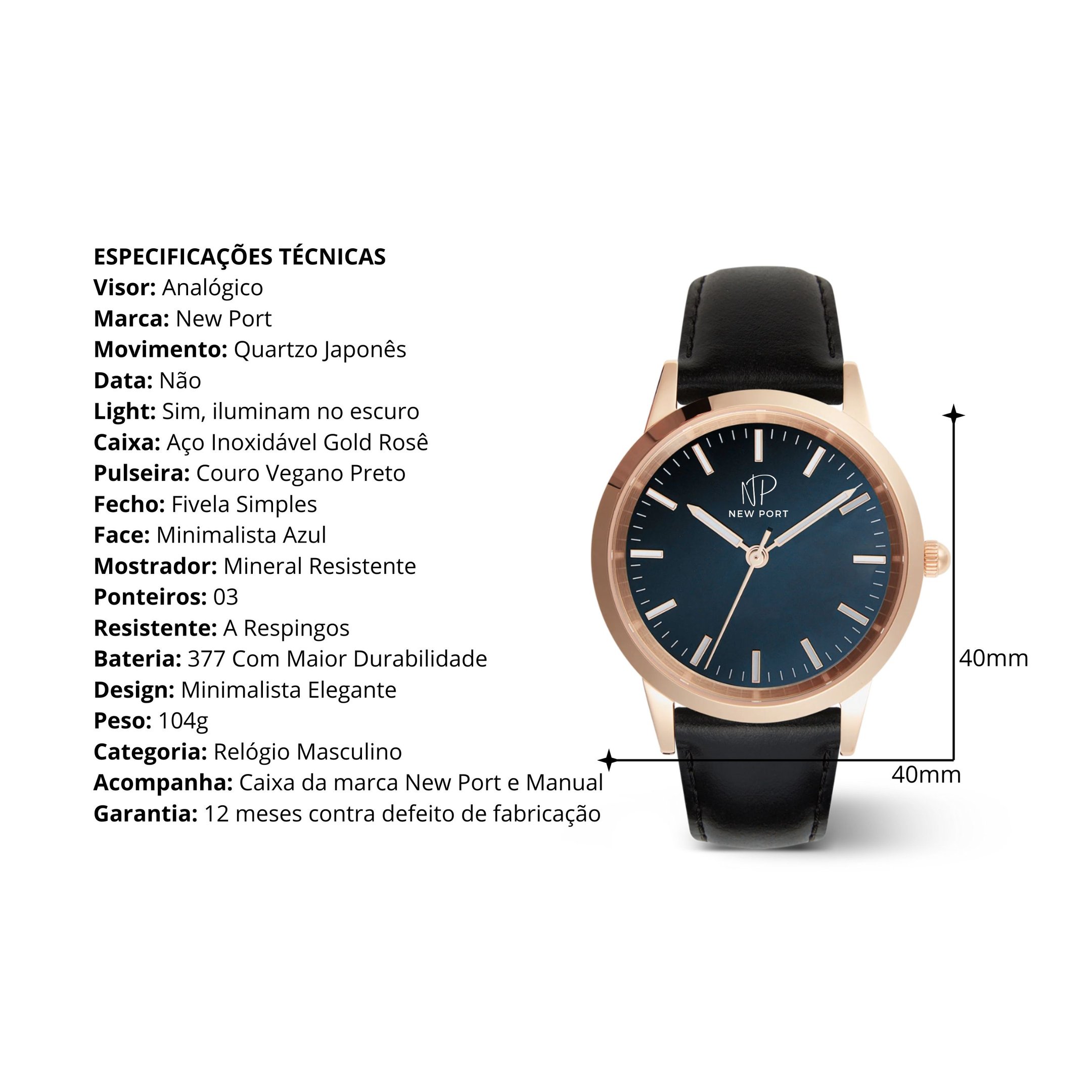Relogio Masculino De Luxo Classico Couro Preto New Port 40mm Preto 3