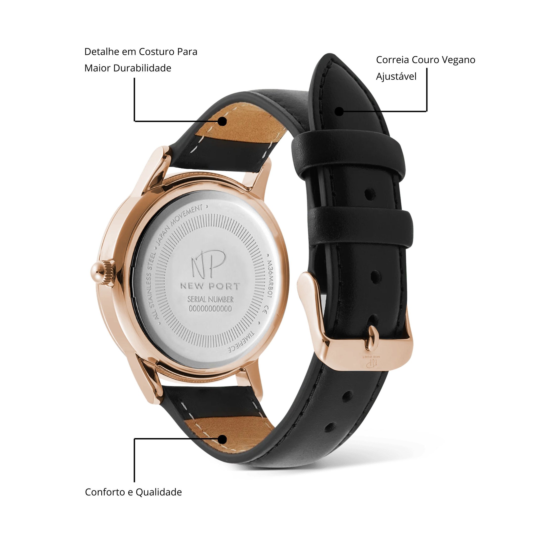 Relogio Masculino De Luxo Classico Couro Preto New Port 40mm Preto 5