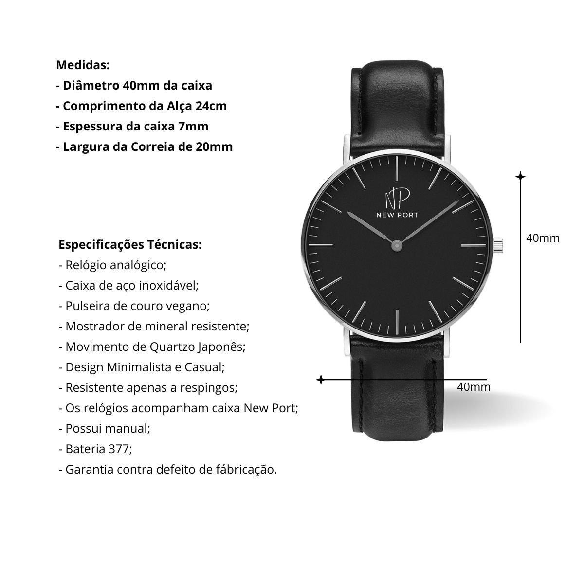 Relogio Feminino Analogico De Couro Casual Minimalista New Port 40mm Preto 3