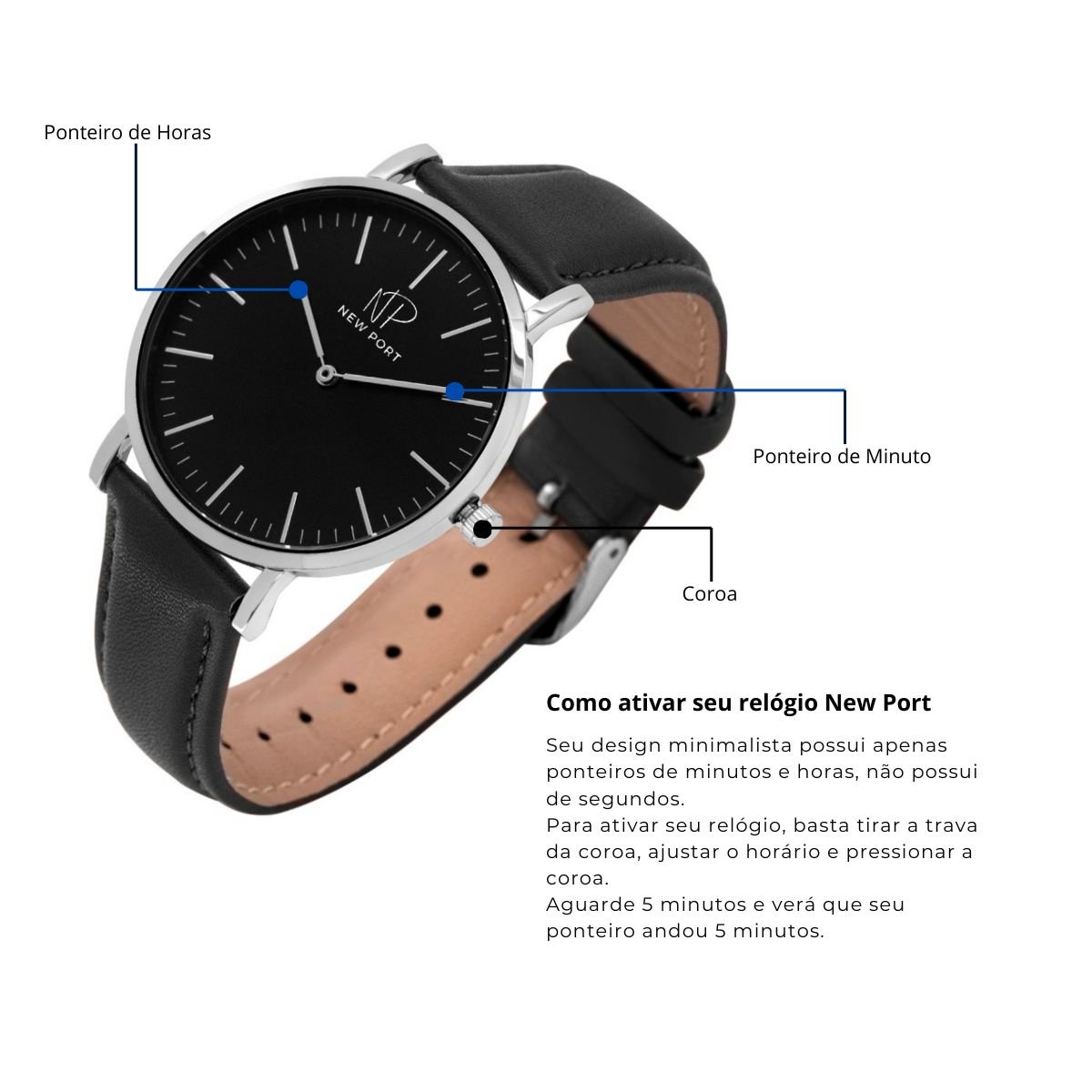 Relogio Feminino Analogico De Couro Casual Minimalista New Port 40mm Preto 8