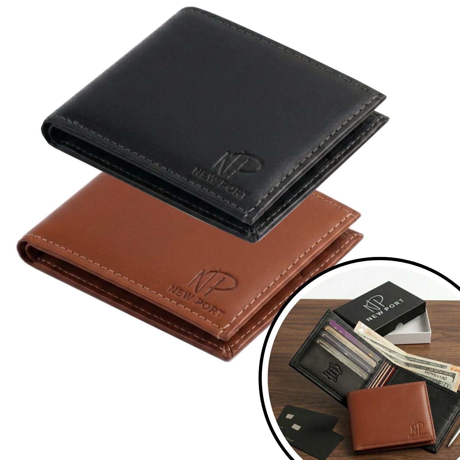 Kit Carteira Masculina Couro Legitimo Slim New Port Luxo