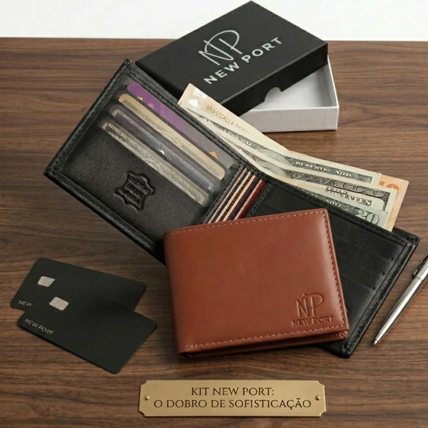 Kit Carteira Masculina Couro Legitimo Slim New Port Luxo Preto/Marrom 2