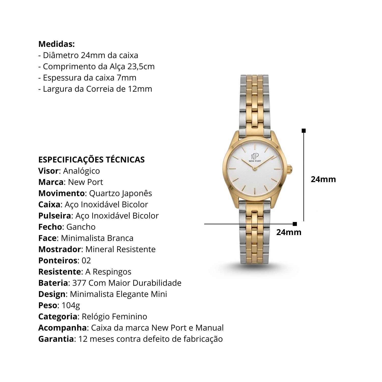 Relogio Feminino Bicolor Elegante Casual Pequeno New Port 24mm Dourado/Prata 3