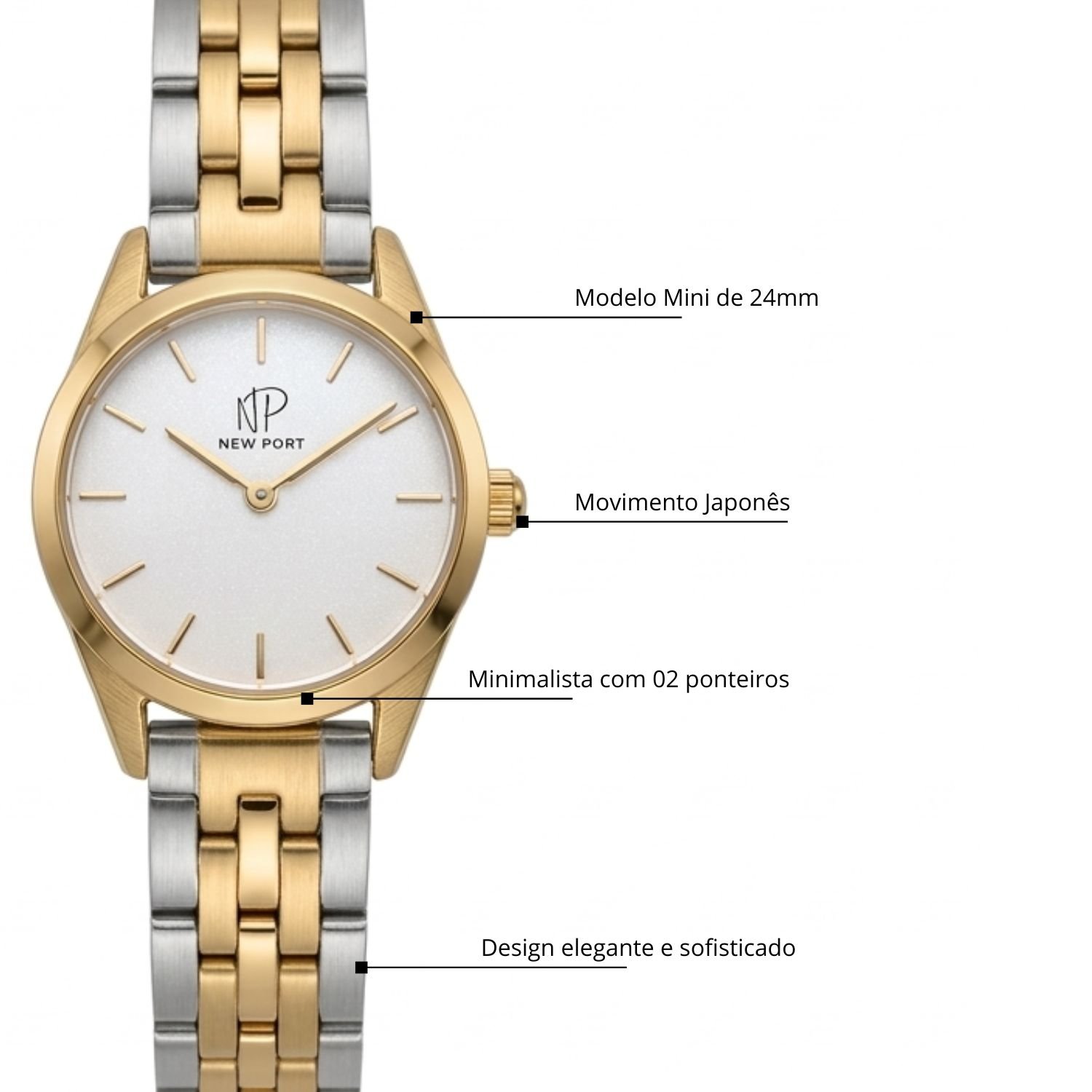 Relogio Feminino Bicolor Elegante Casual Pequeno New Port 24mm Dourado/Prata 4