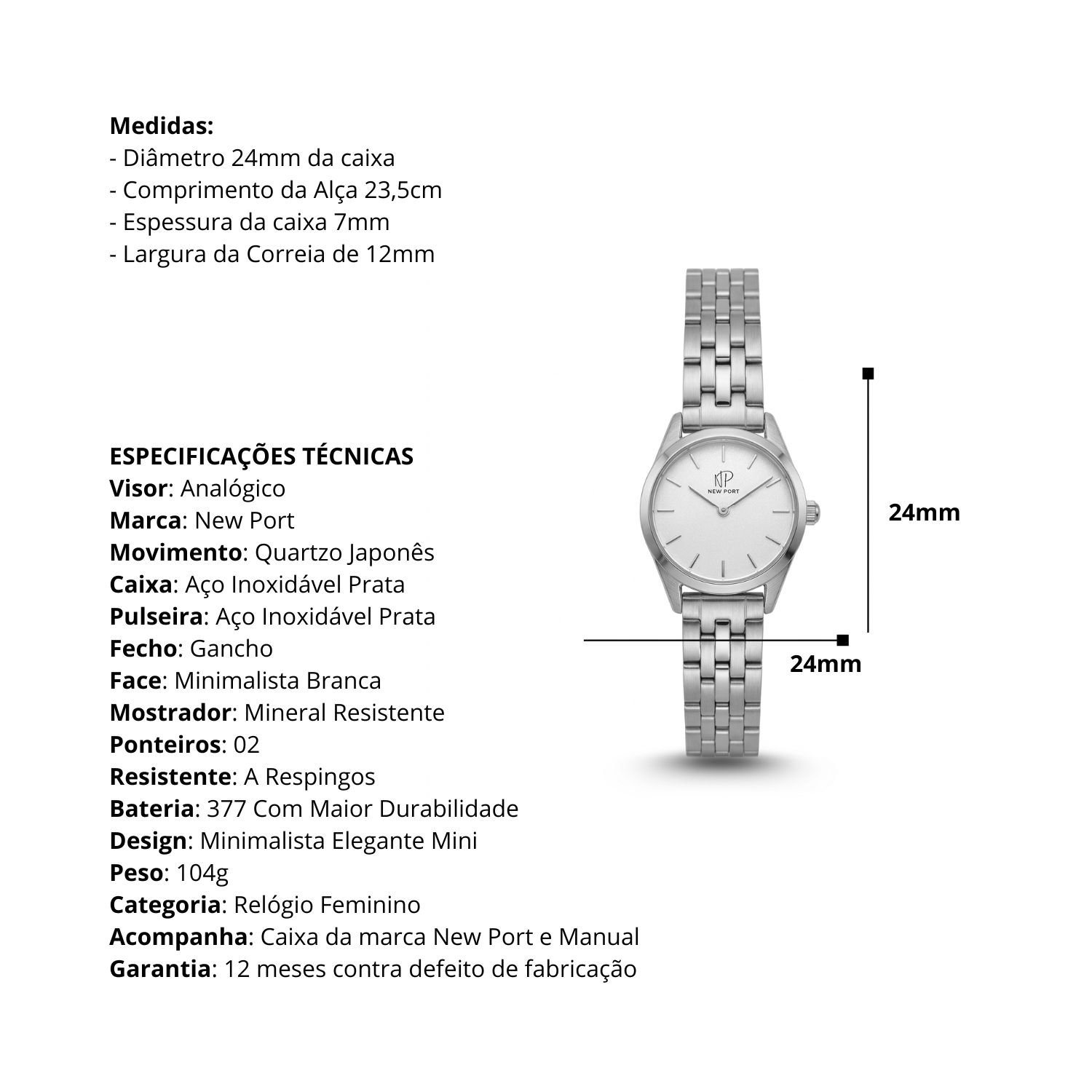Relogio Feminino Prata Elegante Casual Pequeno New Port 24mm Prata/Preto 3
