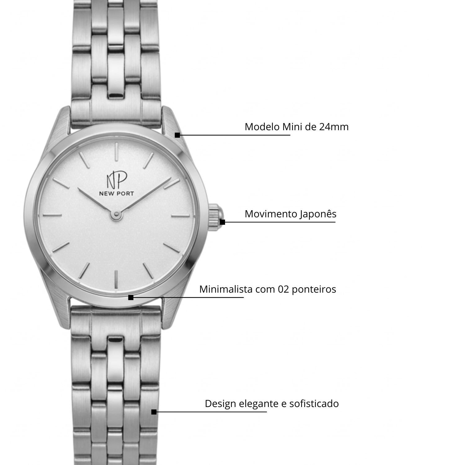 Relogio Feminino Prata Elegante Casual Pequeno New Port 24mm Prata/Preto 4
