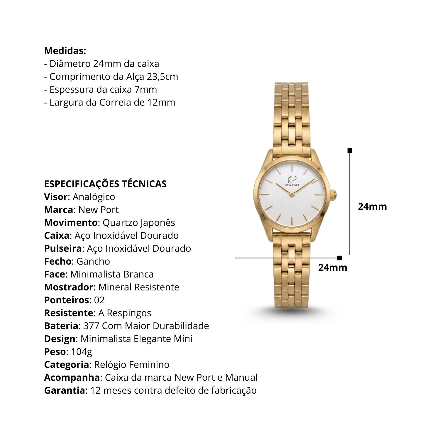 Relogio Feminino Dourado Elegante Casual Pequeno New Port 24mm Preto/Rose 3