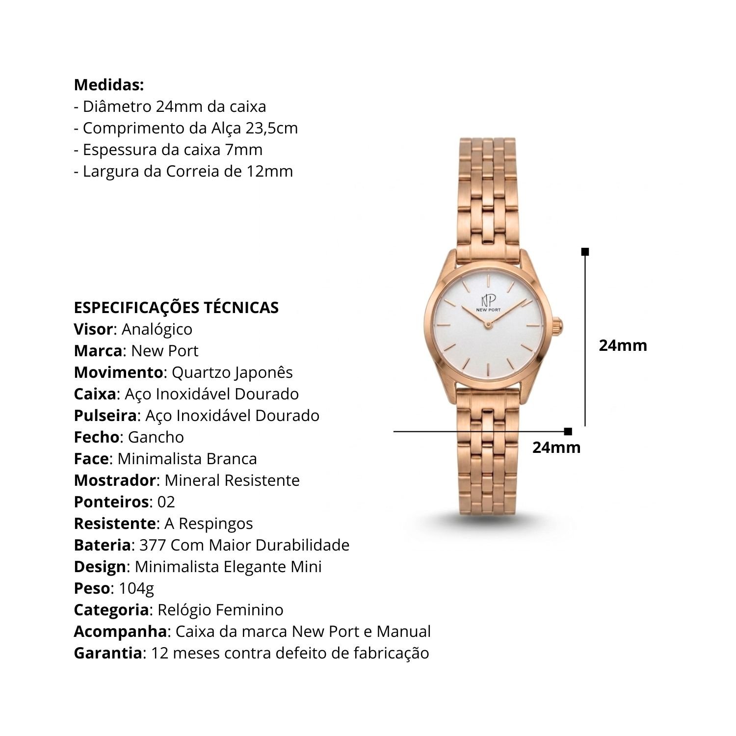 Relogio Feminino Elegante Casual Pequeno Rose New Port 24mm Rosê 3