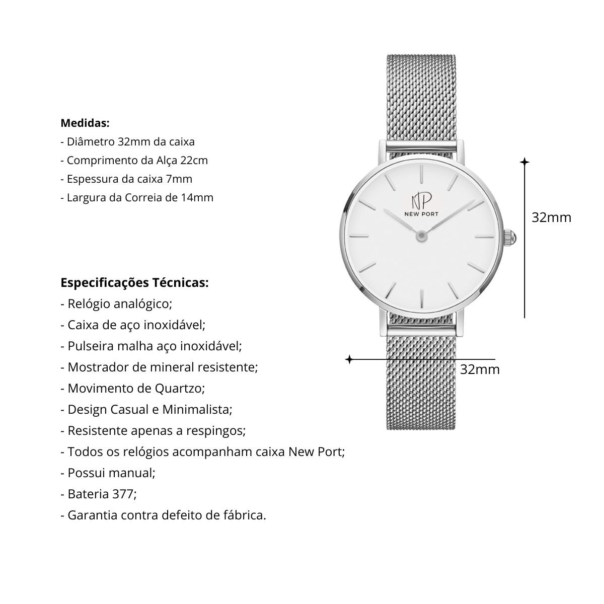 Relogio Masculino Prata Casual Elegante Pequeno 32mm New Port Prata 4