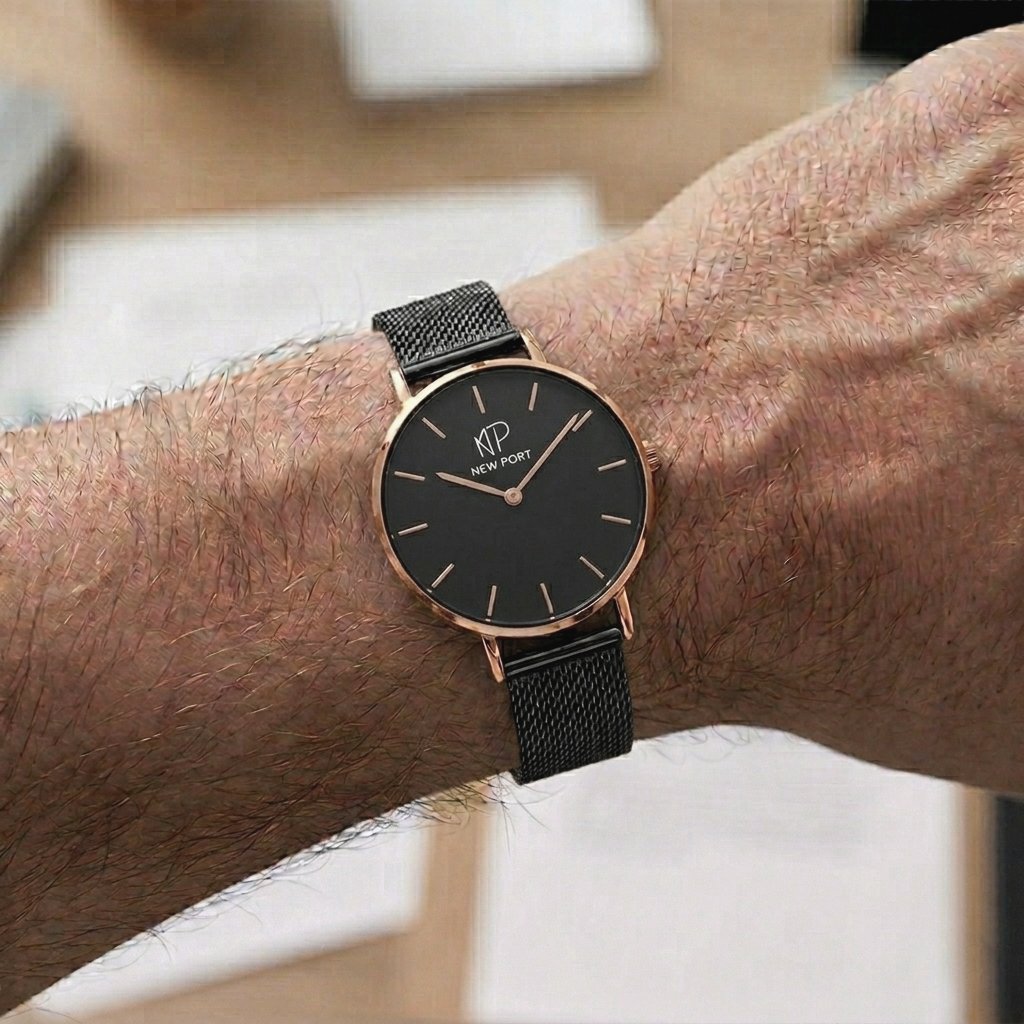 Relogio Masculino Casual Elegante Preto Pequeno 32mm New Port Preto/Rose 2