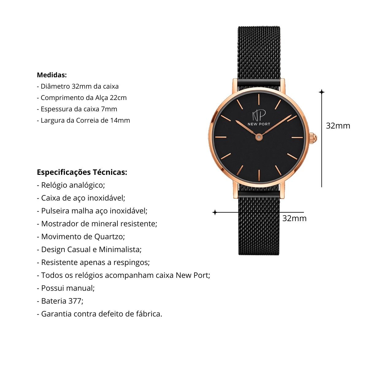 Relogio Masculino Casual Elegante Preto Pequeno 32mm New Port Preto/Rose 4