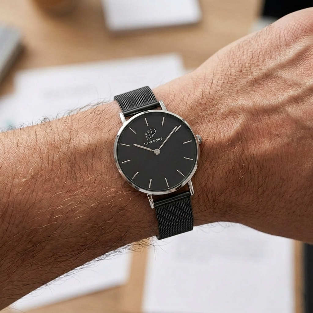 Relogio Masculino Casual Elegante Preto Pequeno 32mm New Port Preto/Prata 2