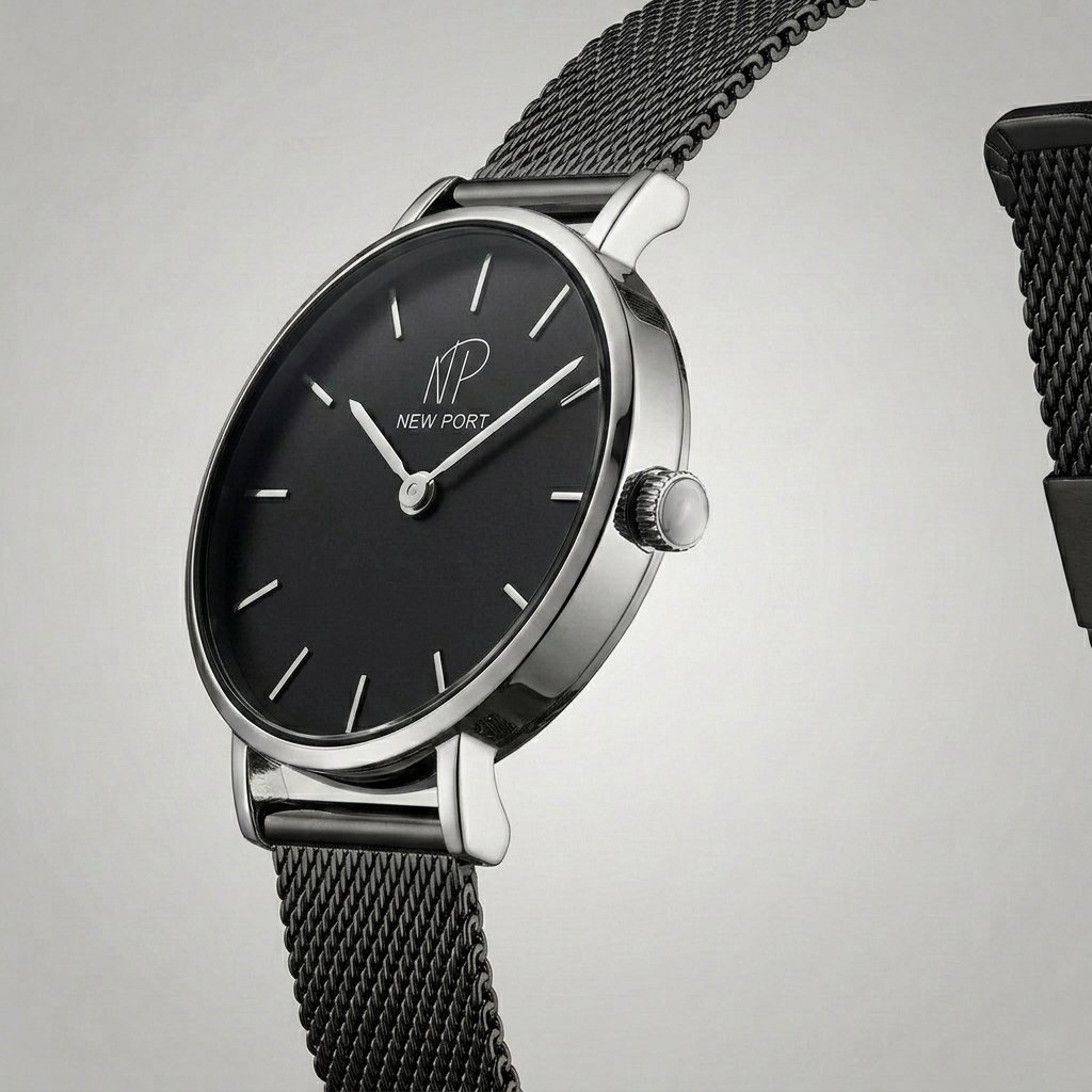 Relogio Masculino Casual Elegante Preto Pequeno 32mm New Port Preto/Prata 3