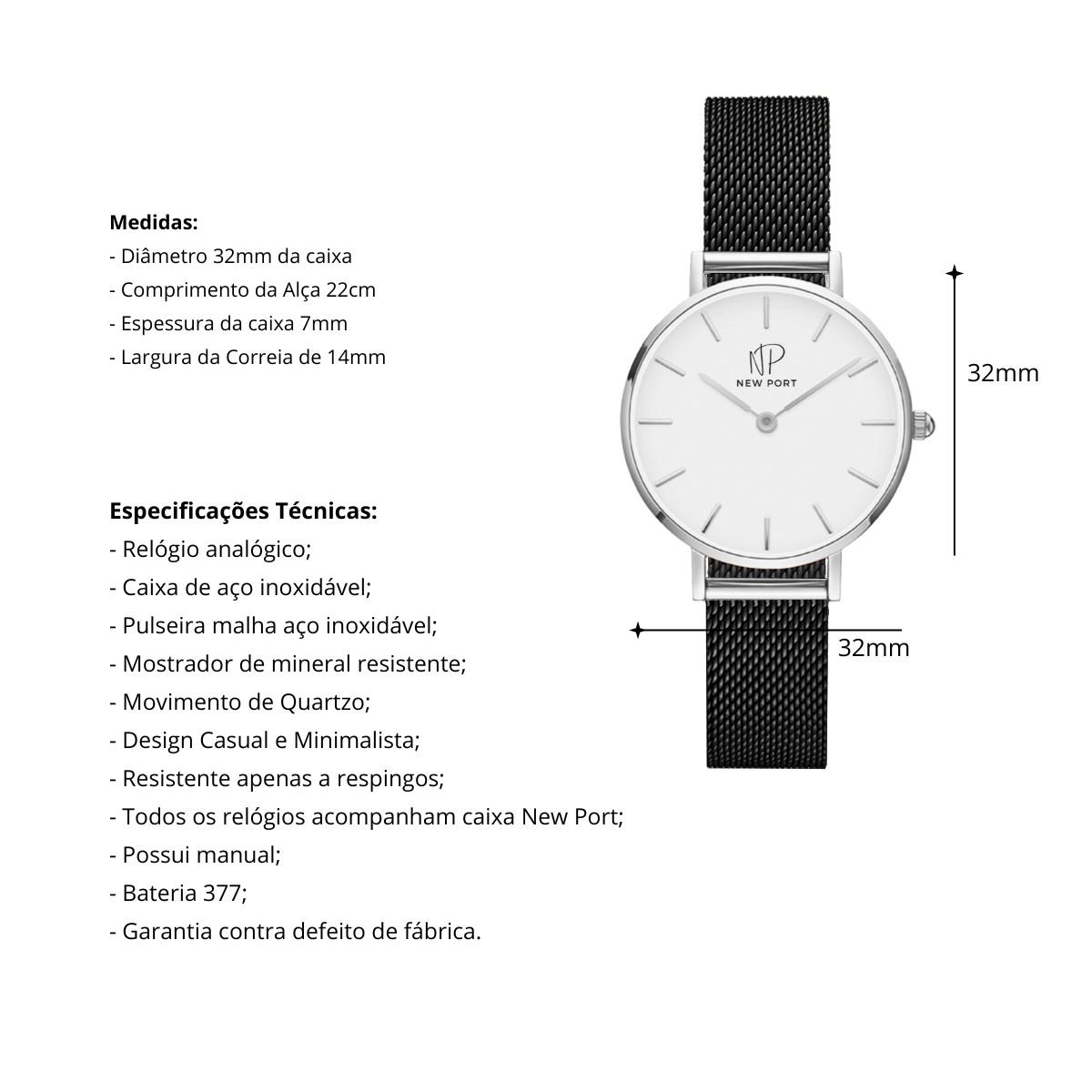 Relogio Masculino Preto Casual Elegante Pequeno 32mm New Port Preto/Prata 4