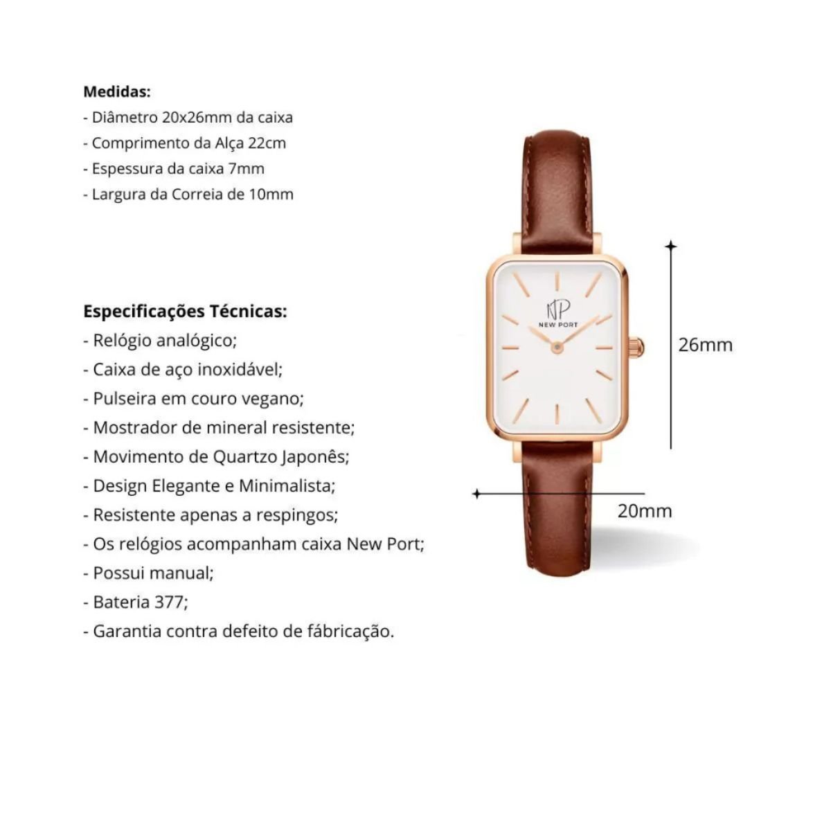 Relogio Feminino Quadrado  Casual Elegante Marrom Sofisticado New Port Rosê/Marrom 3
