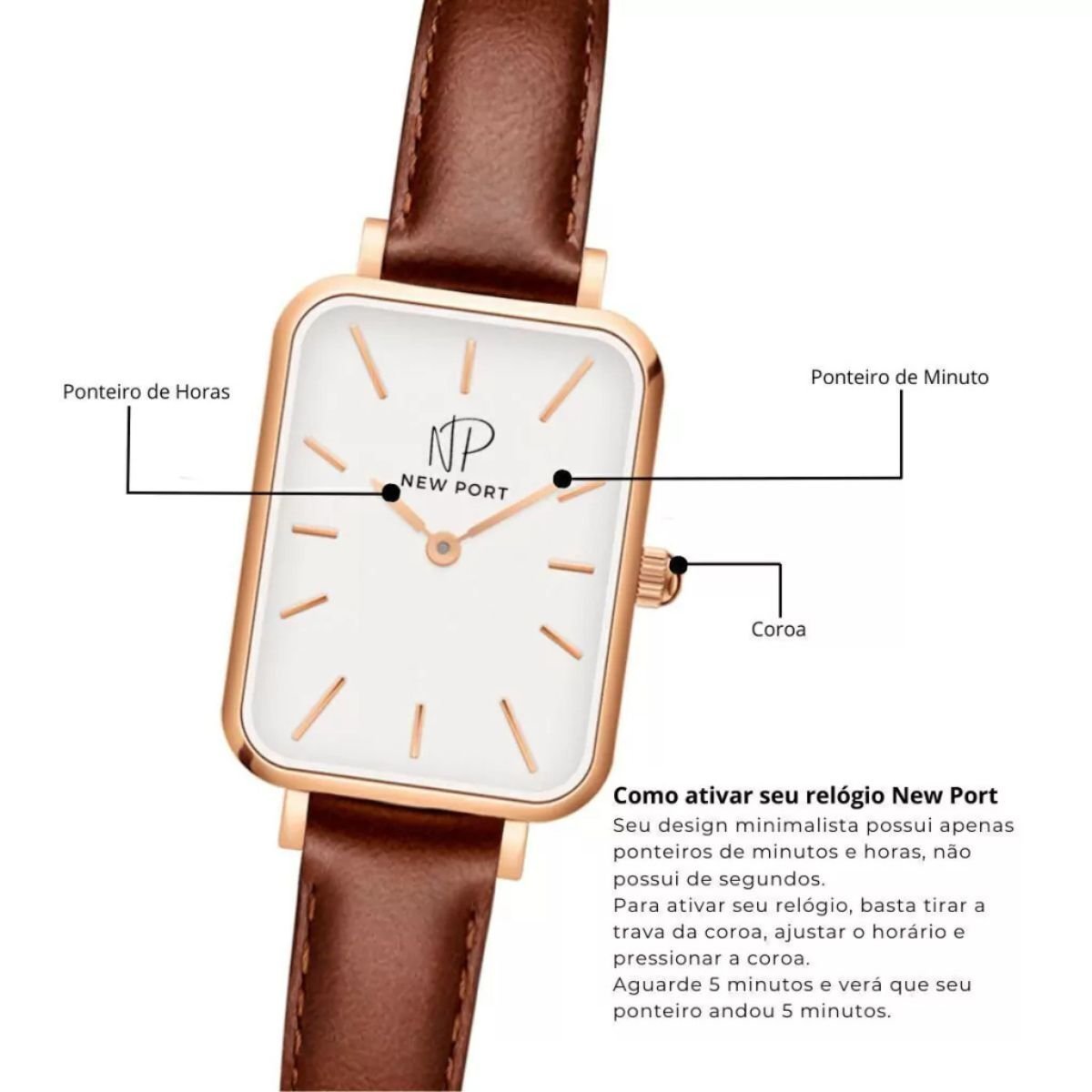 Relogio Feminino Quadrado  Casual Elegante Marrom Sofisticado New Port Rosê/Marrom 7