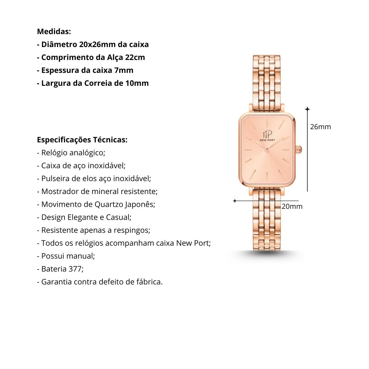 Relogio Feminino Quadrado Elegante Delicado Rose New Port Rosê Gold 3