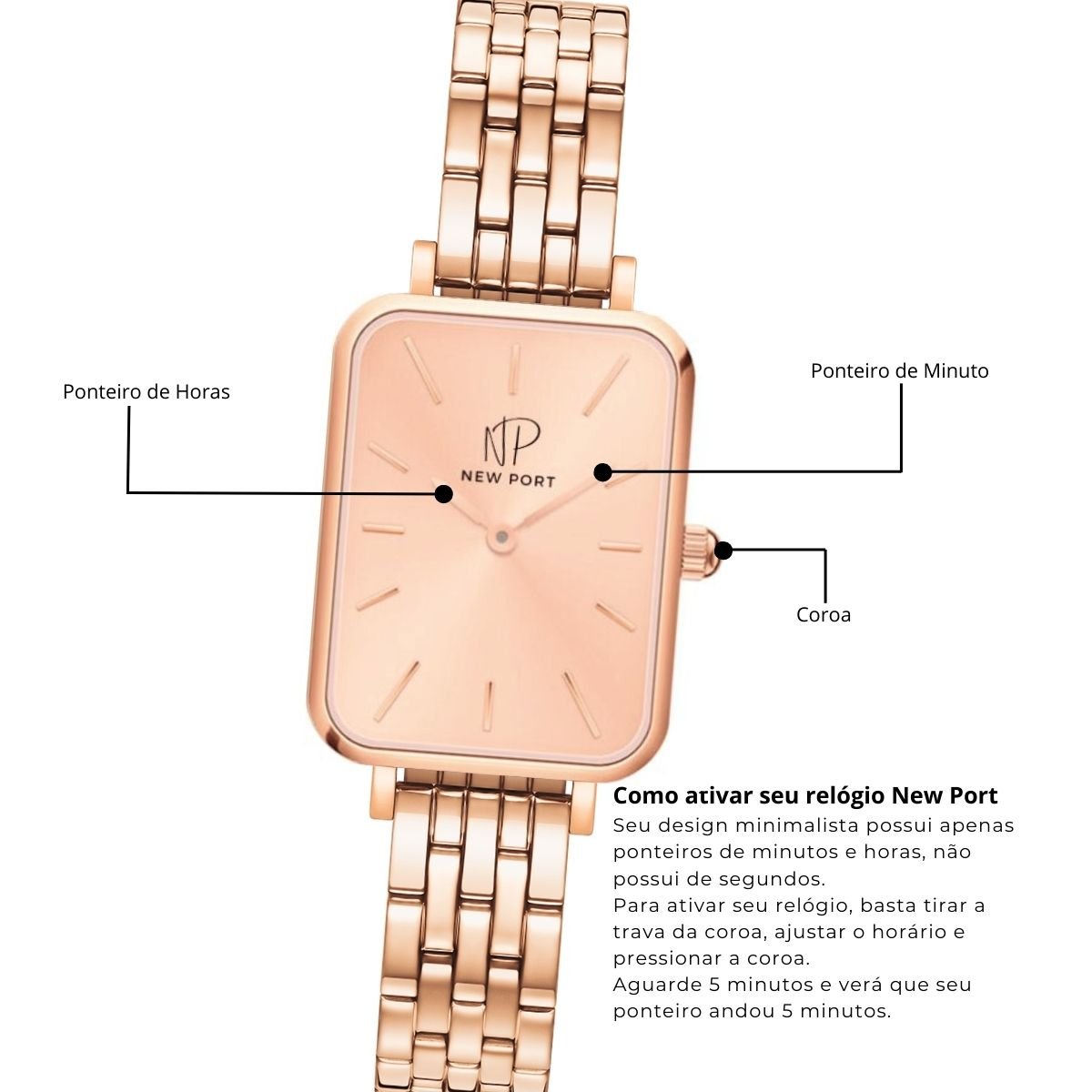 Relogio Feminino Quadrado Elegante Delicado Rose New Port Rosê Gold 6