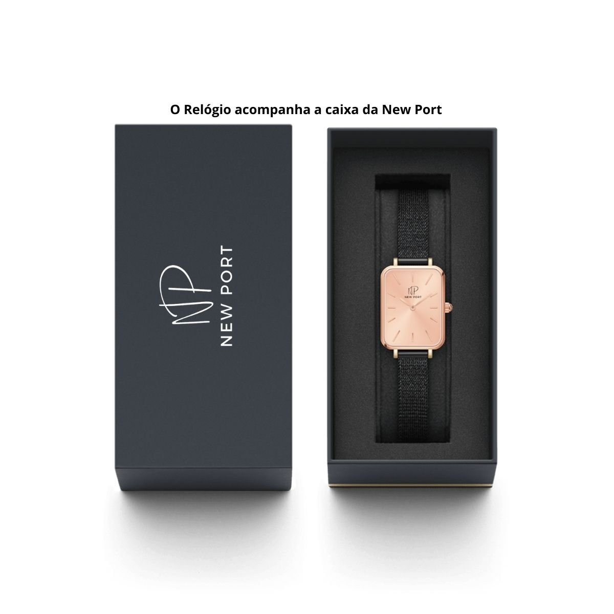 Relogio Feminino Preto Casual Quadrado Delicado New Port Preto/Rosê Gold 6