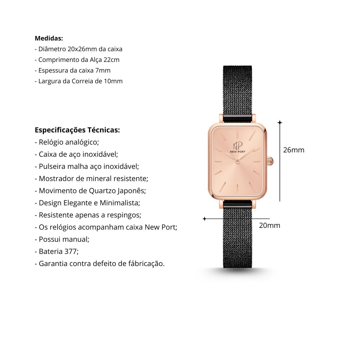 Relogio Feminino Quadrado Casual New Port Com Bracelete Rose Preto/Rosê 3