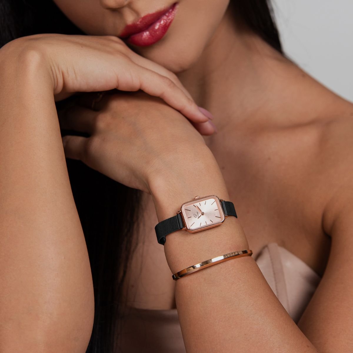 Relogio Feminino Quadrado Casual New Port Com Bracelete Rose Preto/Rosê 5
